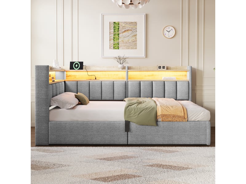 Lit coffre hydraulique 90x200 cm avec led, usb-a et usb-c et tête réversible, velours gris, sans matelas - Conforama W