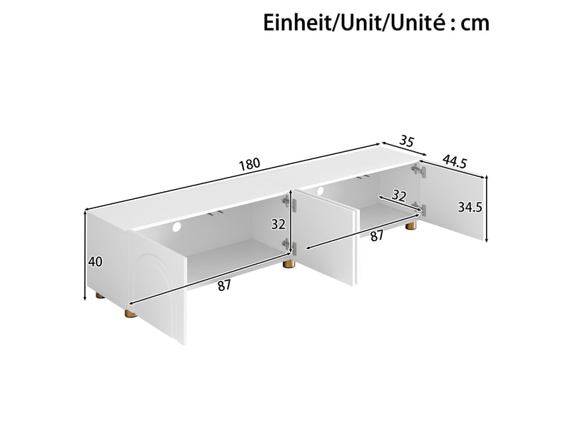  Meuble tv 180x35x40 cm - meuble bas avec 4 portes, façades à relief arqué, rangement pour salon et pieds en métal  - Conforama C