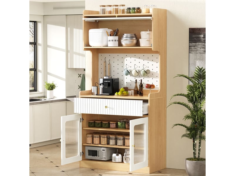  Meuble de rangement étagères réglables tiroirs intégrés éclairage led verre structuré coloris naturel  - Conforama B