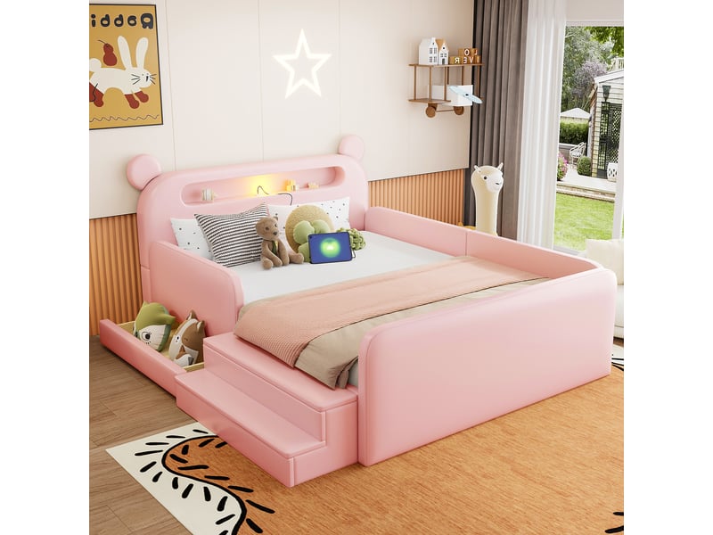  Lit enfant rembourré 140 x 200 cm, tête de lit ours, veilleuse, port usb, rangement intégré, simili cuir rose evarich - Conforama B