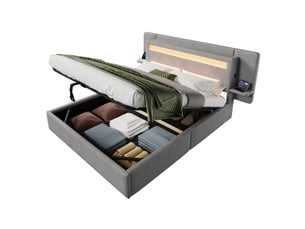 Lit coffre 2 places 140x200 cm avec espace de rangement hydraulique, led multicolore, mdf, coloris gris sans matelas