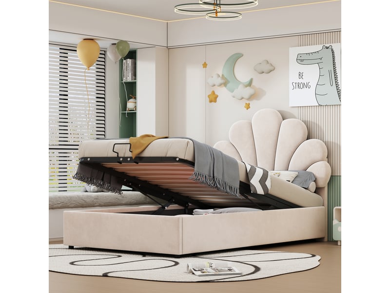  Lit coffre enfant 90x200 cm, espace de rangement, tête de lit réglable, sommier, velours beige, sans matelas  - Conforama R