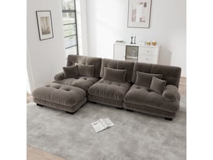 Canapé d'angle, avec couchage d'appoint, avec pouf, en tissu chenille, coloris marron, l313 x p145 x h81 cm, pour salon
