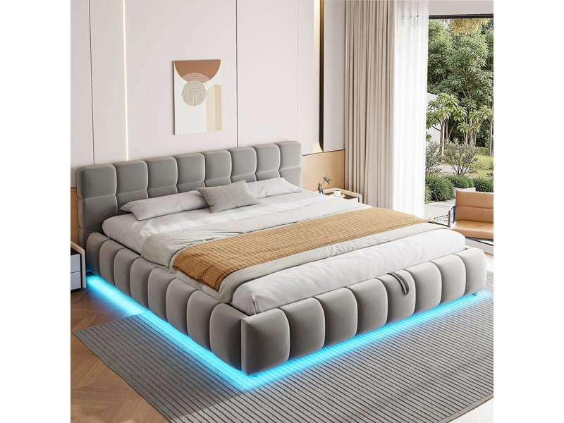 Lit coffre 180x200 cm, lit double, rangement hydraulique, velours gris, led - Conforama D
