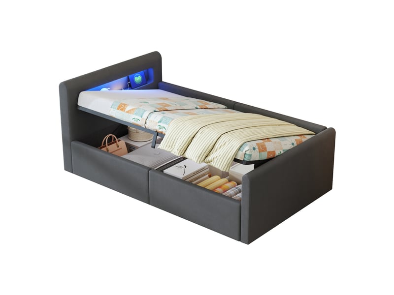  Lit rembourré enfant tcqpz 90 x 200 cm led, lampe de nuit, usb, rangement hydraulique, velours gris foncé  - Conforama A