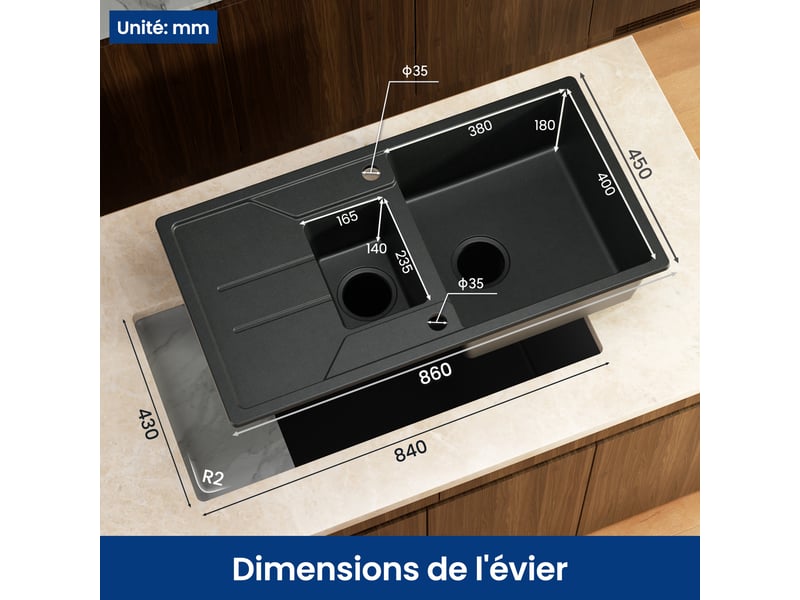  Cecipa max évier avec trou de robinet - évier de cuisine en granit 86x45cm - évier 1,5 bac - avec panier égouttoir et système d’évacuation - 80 % sable de quartz - noir  - Conforama B