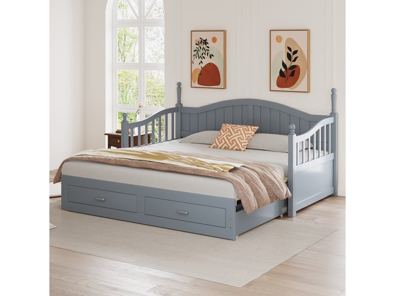 Lit banquette extensible 90x190 cm convertible en 180x190 cm en bois massif, avec tiroirs, sommier à lattes et dossier courbé - gris - Conforama D