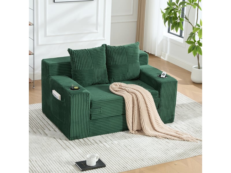  Fauteuil pouf avec poches latérales, coussins mobiles et accoudoirs, en velours côtelé vert émeraude, 151 × 133 × 64 cm  - Conforama B