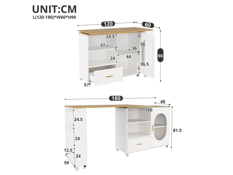  Îlot de cuisine - 120 x 60 x 90 cm - meuble de cuisine pivotant à 360° avec tiroir et porte en verre cannelé - naturel et blanc  - Conforama E