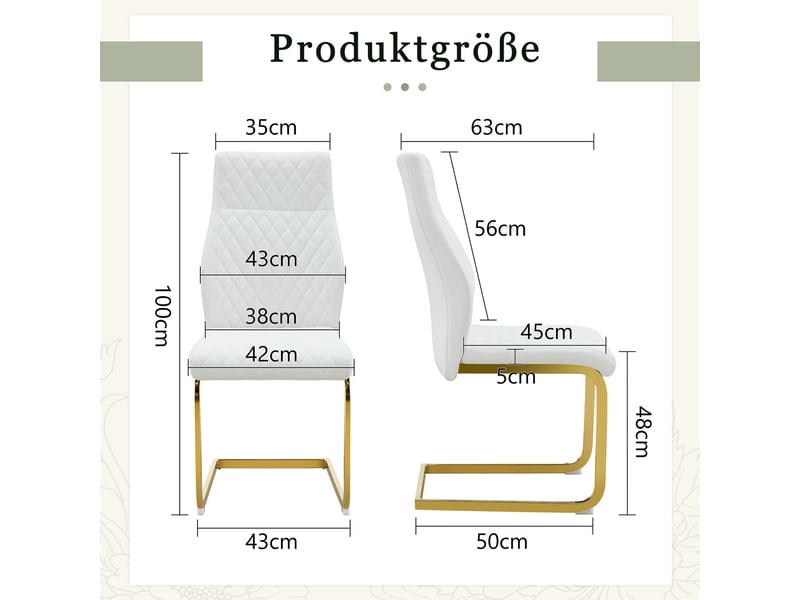  Chaises de salle à manger lot de 2 à dossier haut matelassé  - pieds antidérapants métal et pu - blanc et doré  - Conforama D
