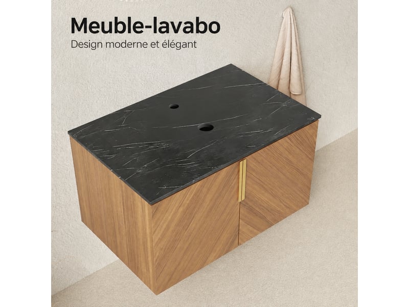  Meuble vasque 76 cm effet chêne brun avec plan de toilette en pierre frittée noire  - Conforama D