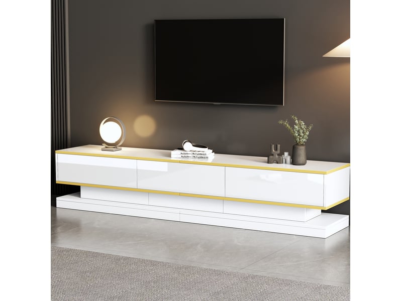  Meuble tv modenvie 200 x 40 x 40 cm 3 tiroirs blanc chaud et doré  - Conforama D