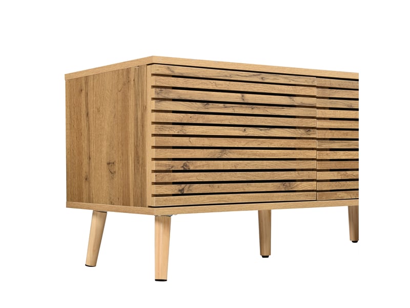  Meuble tv 75 pouces, 4 portes à lattes, 6 compartiments, passe-câbles, bois naturel  - Conforama E