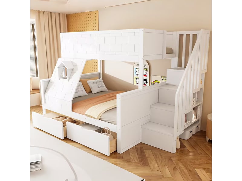  Lit superposé familial en bois 90x200 et 140x200 cm lit enfant avec escalier à rangements,2 tiroirs,fenêtre,garde-corps,pin massif et mdf,blanc  - Conforama B