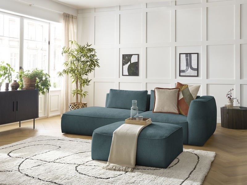  Bobochic canapé droit fixe 3 places leopold tissu texturé avec pouf bleu foncé  accoudoir droit LEOPOLD - Conforama B