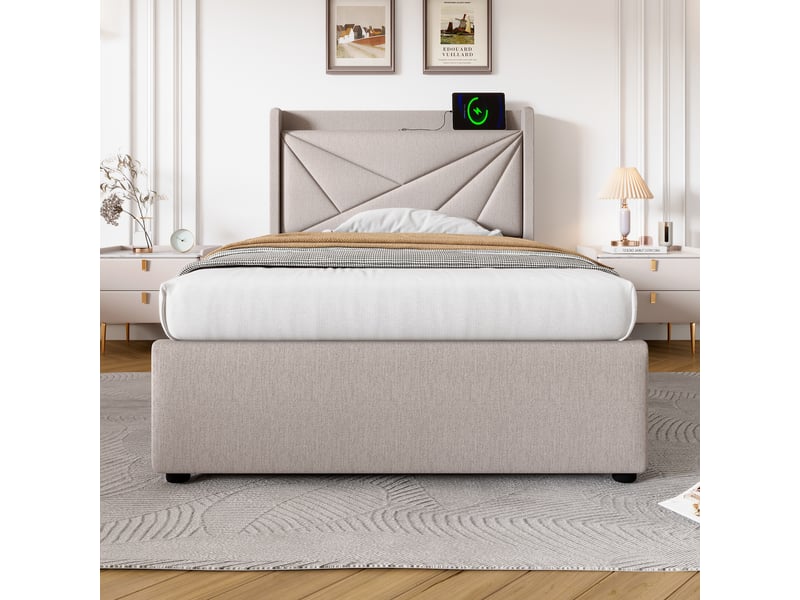  Lit coffre 90 x 200 cm - lit simple avec sommier à lattes et charge usb - coton et bois - sans matelas - beige  - Conforama E