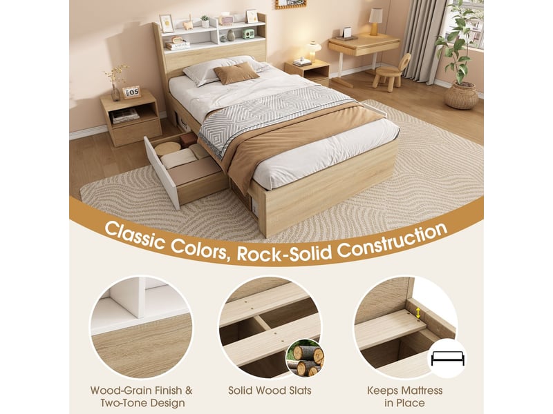  Lit avec tiroirs 90x200, 2 tiroirs lit une personne, niches ouvertes, tête de lit étagère, structure bois partiellement massif, sommier inclus, sans matelas  - Conforama E