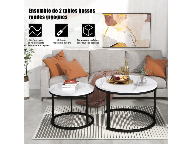  Lot de 2 tables basses rondes gigognes, plateaux mdf et structure métal, effet marbre blanc  - Conforama C