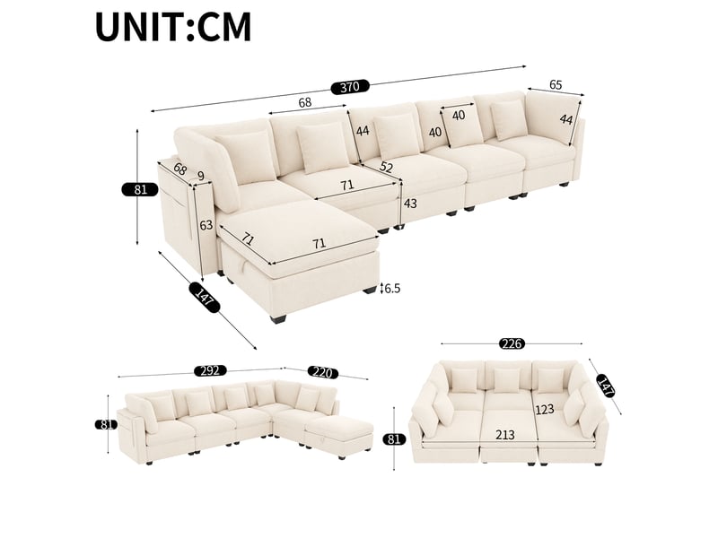  Canapé d’angle modulable avec rangement xl 6 places 370 x 147 x 81 cm grand canapé en l avec méridienne et pouf chenille beige  - Conforama C