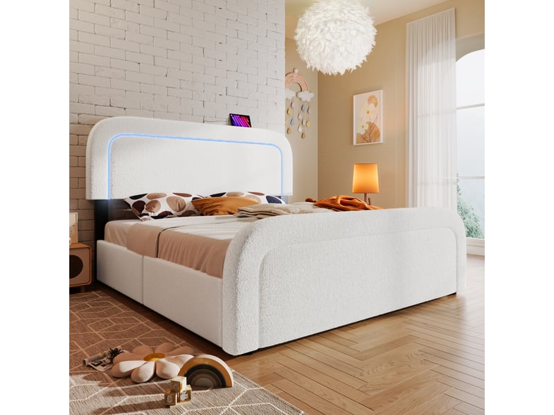  Lit rembourré blanc effet bouclette 160x200 cm avec led, usb et type-c, 4 tiroirs Fay Lum - Conforama D