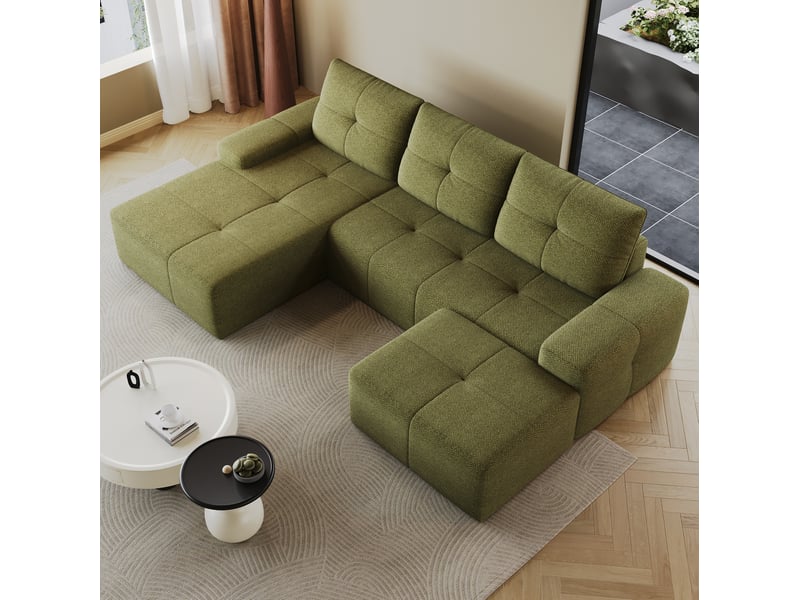  Canapé d’angle 4 places avec ottomane en tissu vert olive, 262x172x82 cm  - Conforama R
