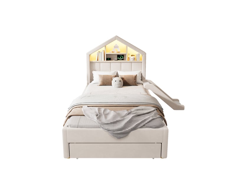  Lit cabane enfant 90x200 cm, beige, équipé de toboggan réversible, de prise de charge et de led, sans matelas  - Conforama A