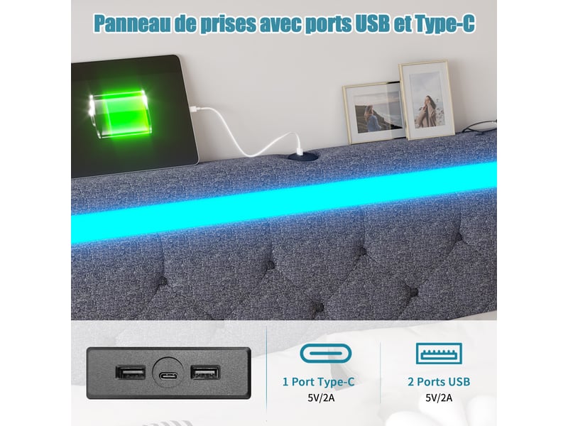  Lit double rembourré 140x190 avec 4 tiroirs, led et usb, lit 2 places avec tête de lit réglable, sommier à lattes, sans matelas, lin gris  - Conforama D