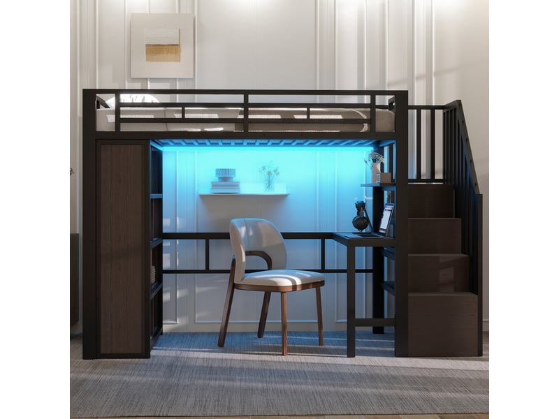  Lit mezzanine avec bureau intégré, 90 x 200 cm, rangements et barre led, structure en métal et mdf, noir  - Conforama R