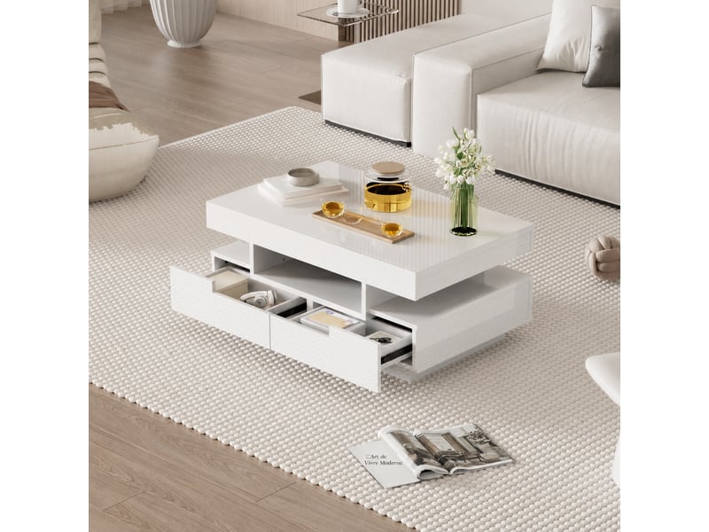  Table basse blanche brillante avec rangement et éclairage led réglable, 80 x 50 x 36 cm  - Conforama E