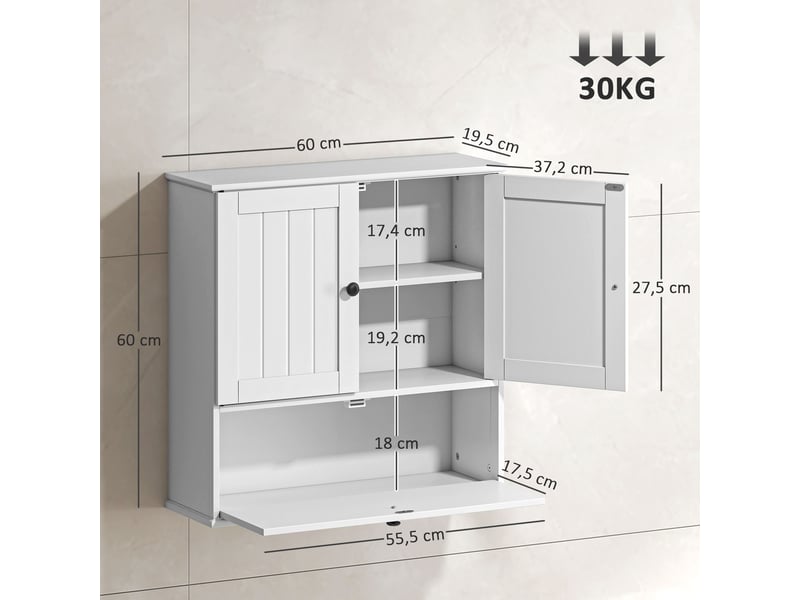 Meuble de salle de bain mural rustique avec étagère réglable, double porte et porte à charnières, 60 x 19,5 x 60 cm, blanc - Conforama C