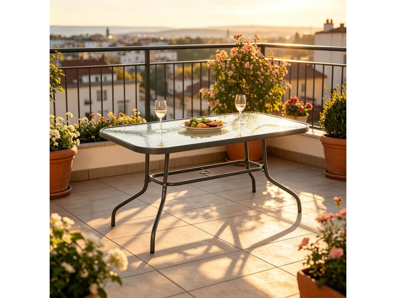 Table à manger extérieure rectangulaire pour 8 personnes avec trou de parasol et pieds antidérapants, 120 × 80 × 70 cm - Conforama B