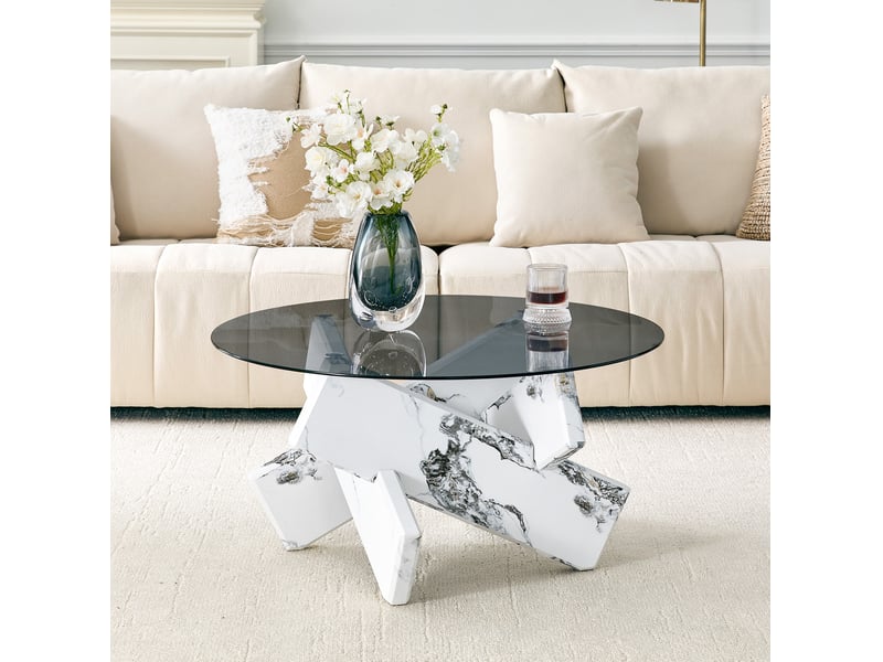  Table basse ronde en verre trempé avec piètement géométrique en mdf blanc  - Conforama B