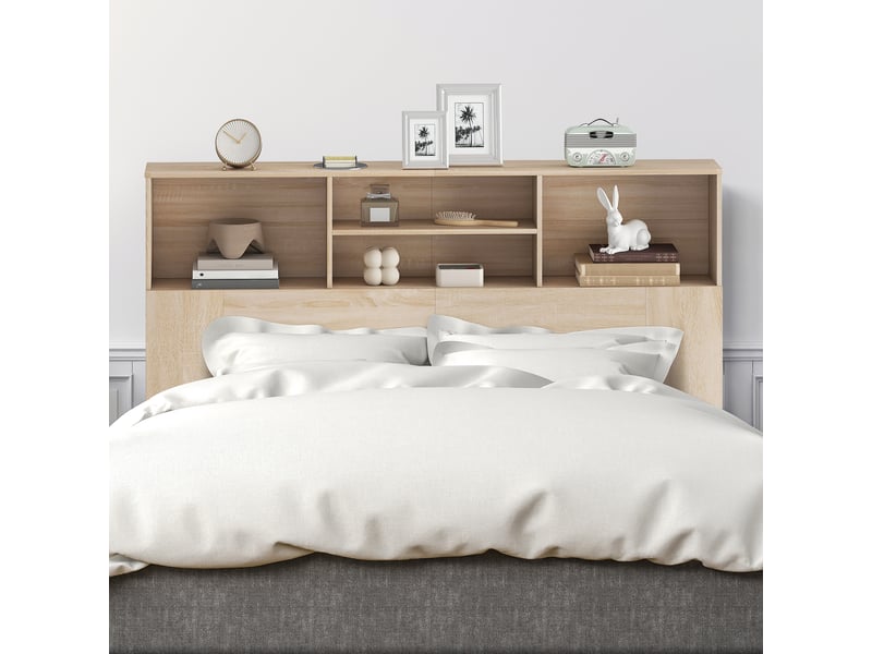  Tête de lit sur pied avec rangements, accessoire de lit 4 compartiments ouverts, 140 x 19 x 103,5 cm, effet bois naturel  - Conforama R
