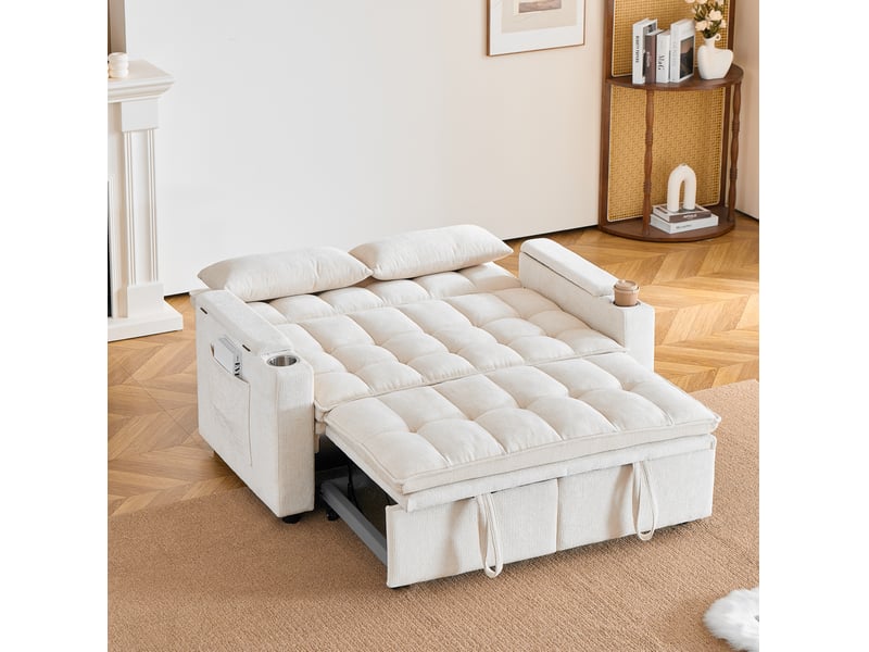 Canapé convertible 2 places 3-en-1 avec lit, rangements, poches, porte-gobelets et coussins lombaires en chenille beige  - Conforama D