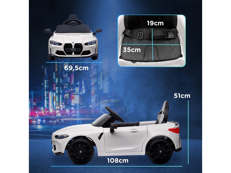  Voiture électrique bmw m4, sonslumières, 3-5 kmh, télécommande, 3-5 ans, blanche.  - Conforama E