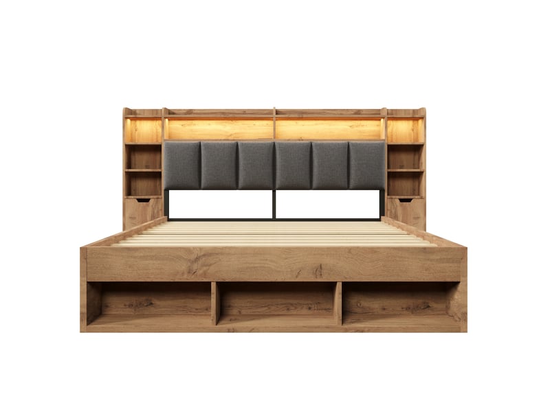  Lit 2 personnes 180x200 cm avec table de chevet dotée, structure de lit avec tête de lit et led, couleur chêne, tiroirs  - Conforama B