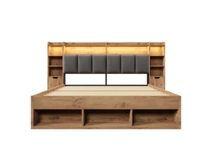 Lit 2 personnes 180x200 cm avec table de chevet dotée, structure de lit avec tête de lit et led, couleur chêne, tiroirs