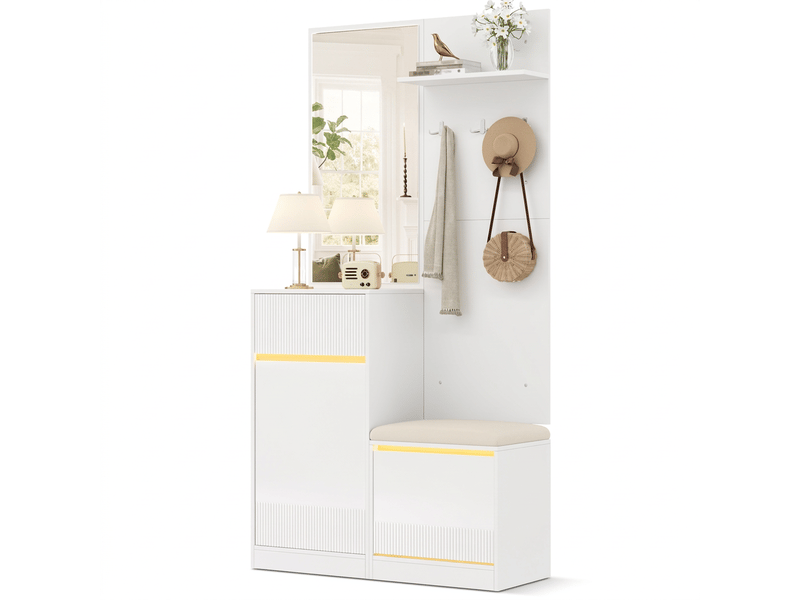 Vestiaire d'entrée blanc avec miroir et banc à chaussures, meuble de couloir led connecté, rangement, 105x38x190 cm  - Conforama A