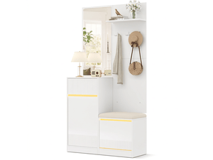 Vestiaire d'entrée blanc avec miroir et banc à chaussures, meuble de couloir led connecté, rangement, 105x38x190 cm