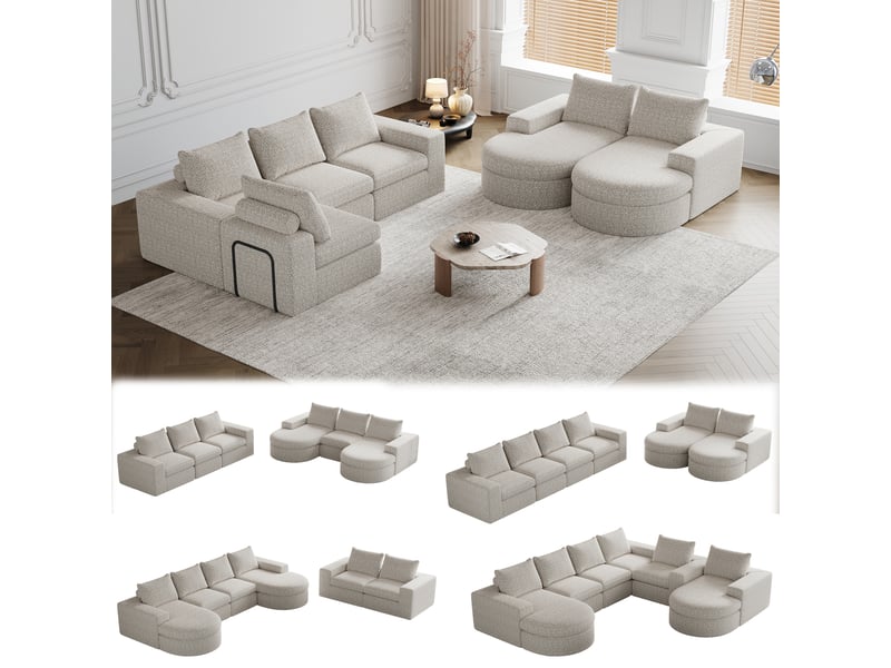  Canapé modulable 3 places en chenille avec méridienne réversible, design composable, coussins cervicaux et assise en mousse haute densité - beige  - Conforama D