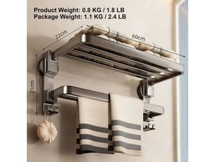 Porte-serviettes à 2 étages, 60cm bar, 7 crochets, pliable à 90°, aucun forage nécessaire