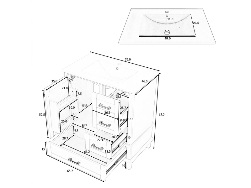  Meuble salle de bain noir 76 cm avec vasque céramique et 3 tiroirs  - Conforama E
