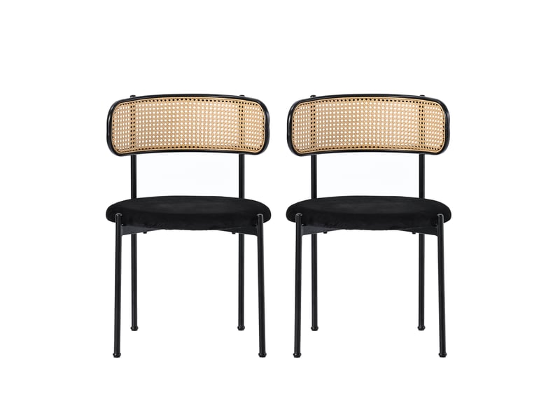 Chaise de salle à manger 2 pièces avec dossier en rotin et assise confortable, en velours noir - Conforama D