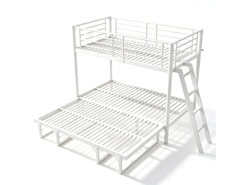  Lit superposé enfant 90x200 cm avec lit gigogne, en métal blanc, sans matelas  - Conforama D