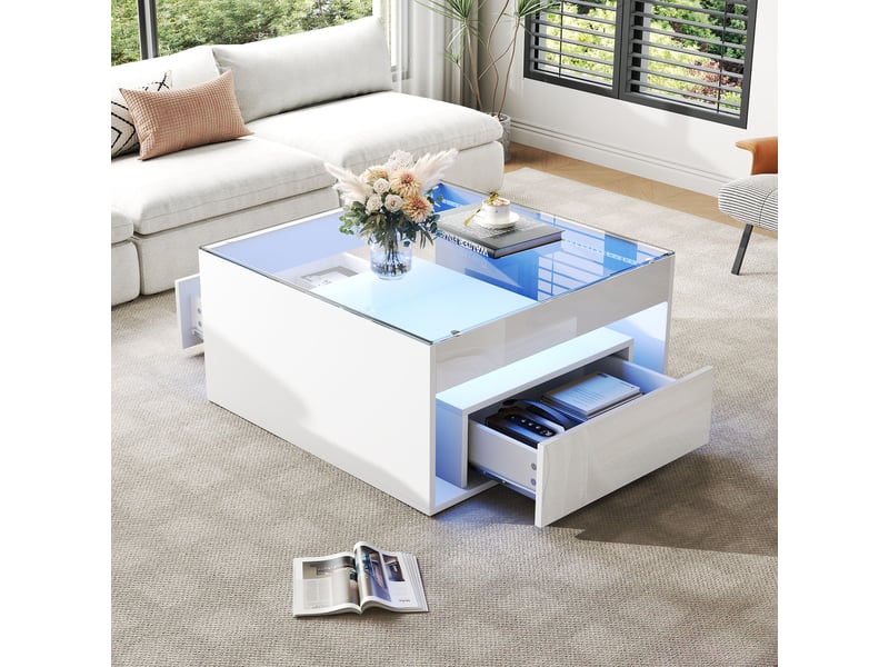  Table basse carrée 70x70 blanche laquée avec led, plateau en verre trempé et 2 tiroirs de rangement  - Conforama B