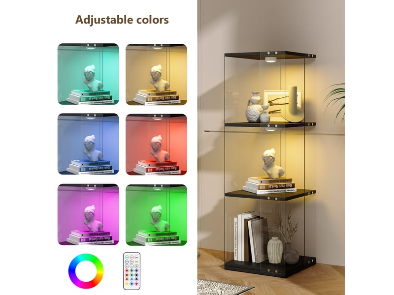 Vitrine verre rotative 360° - 38x38x121cm - bibliothèque pivotante 3 niveaux avec éclairage led multicolore tactile - noir - Conforama D