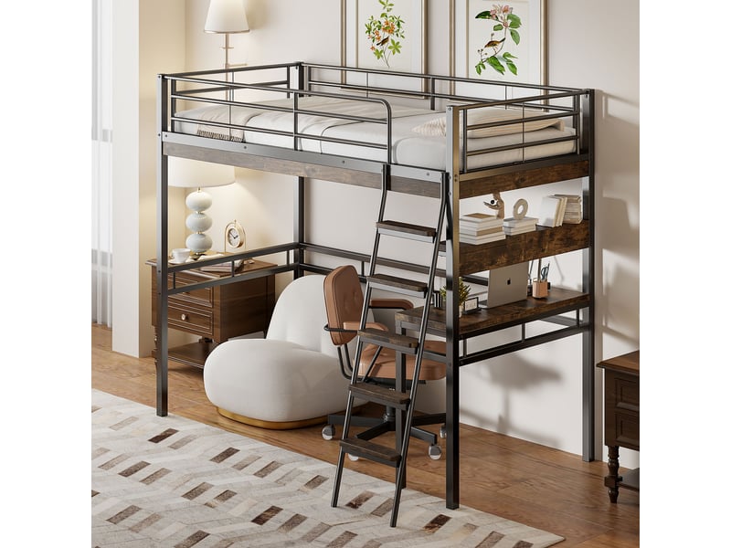  Lit mezzanine 90x200 cm avec bureau et étagères, cadre métal et mdf, garde-corps et échelle, noir, sans matelas  - Conforama W