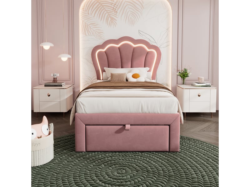  Lit enfant 90x190 velours rose avec tiroir - tête de lit réglable motif floral led rgb  - Conforama E