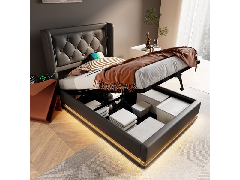  Modenvie lit coffre 90x200 cm - tête de lit capitonnée, led 3 faces, sans matelas - noir  - Conforama D