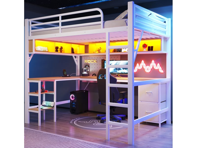  Lit mezzanine gaming 140 x 200 cm en métal avec bureau, rangements, usb et led blanc  - Conforama B